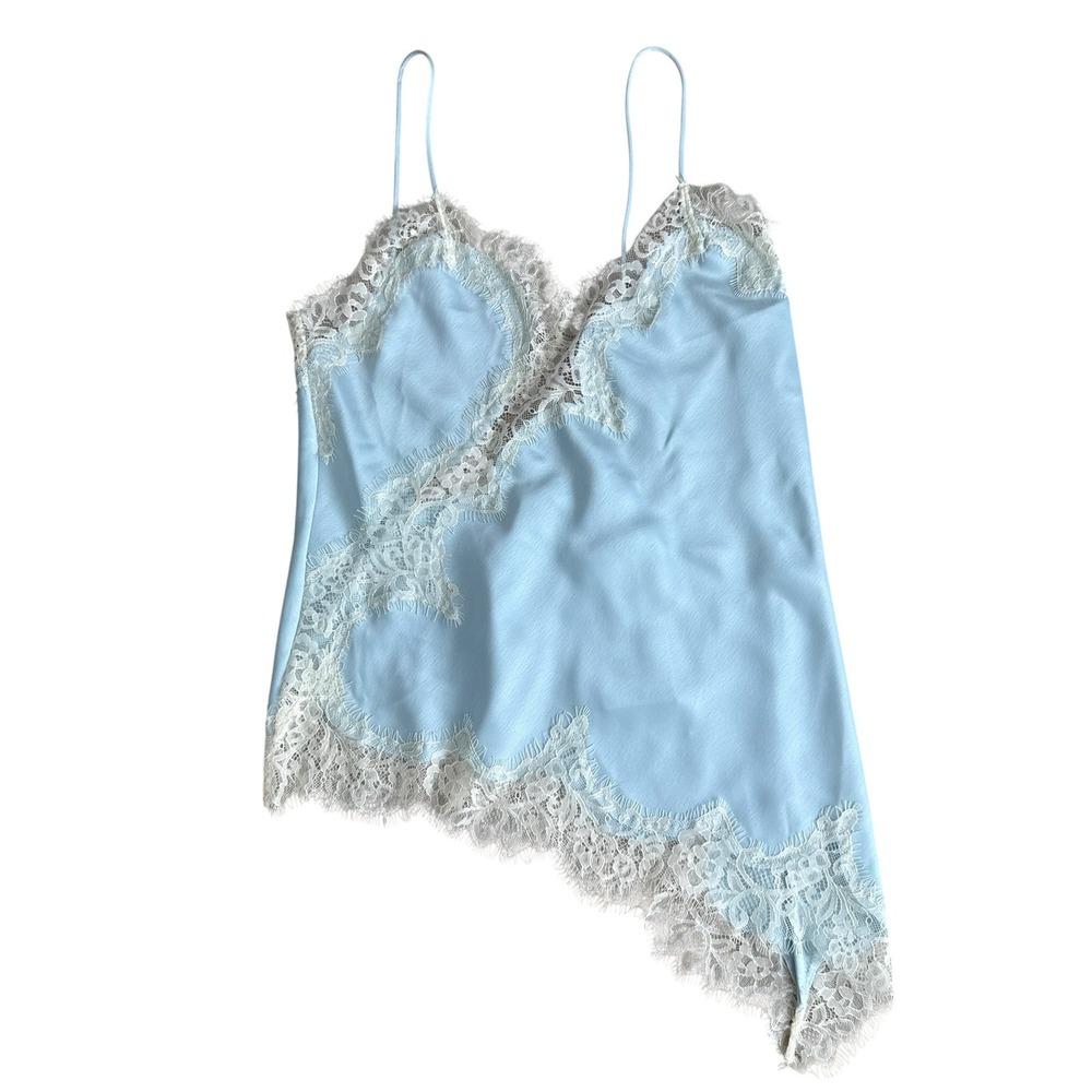 Zara Lace Trim Camisole Top Asymmetrical Hem Size S Blue ss25 Satin NWT